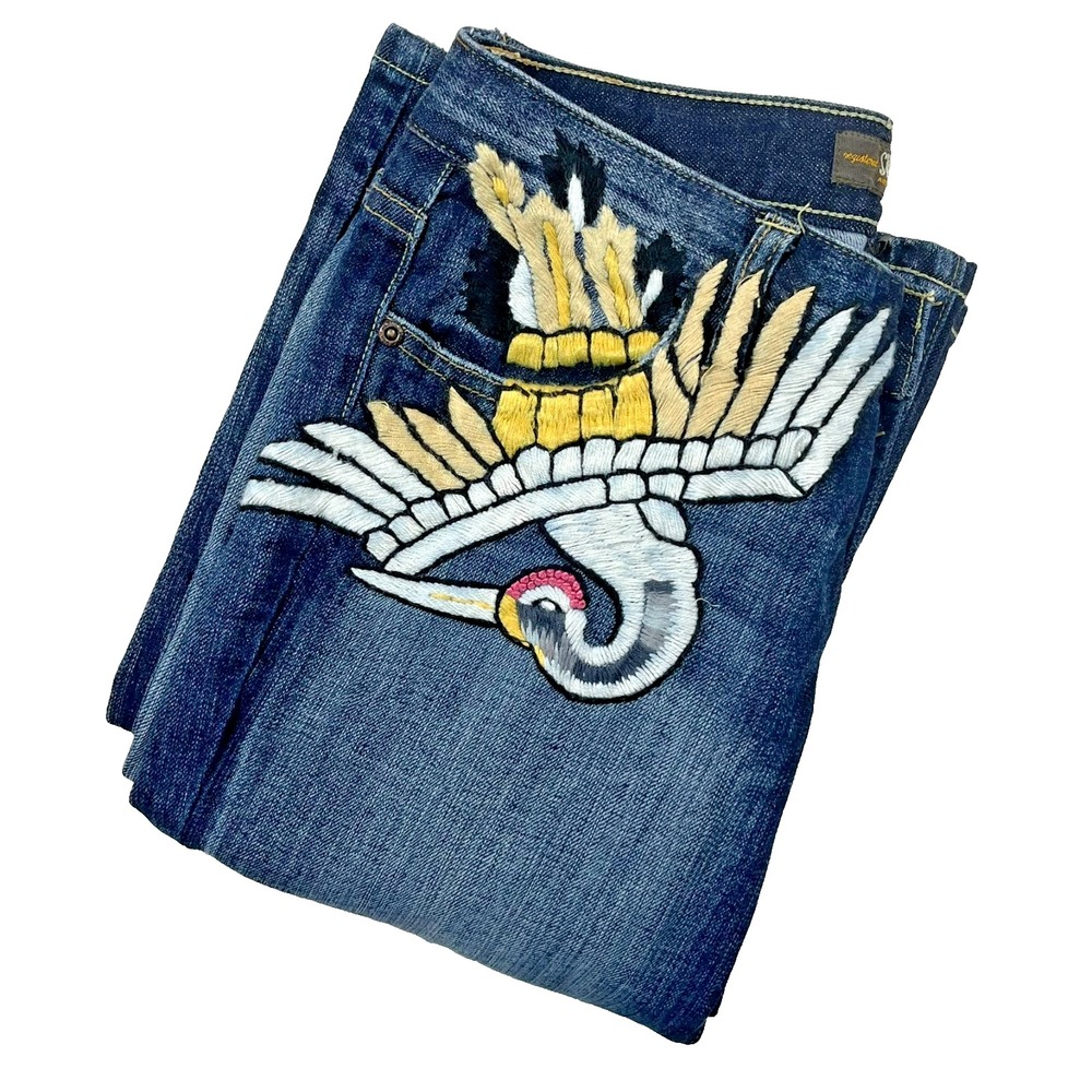 Switch USA Flare Jeans Womens 28 (Fits 29x34) Blue Crane Embroidered Low Rise